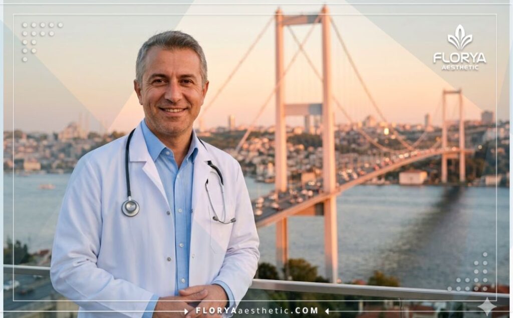 طبيب عيون ودود يبتسم مع جسر البوسفور في إسطنبول بالخلفية.