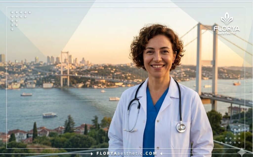 Friendly eye specialist in front of an Istanbul landmark