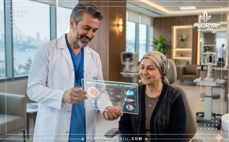 دكتور عيون شاطر في تركيا يفحص مريض باستخدام التكنولوجيا الرقمية