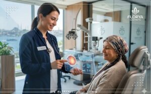 دكتور عيون شاطر في تركيا يفحص مريض باستخدام التكنولوجيا الرقمية