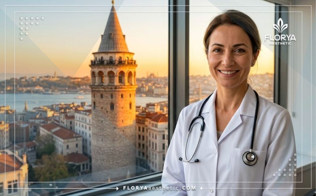Especialista médico sonriente dando la bienvenida a pacientes con Estambul de fondo.