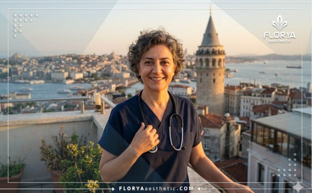 Médecin accueillant souriant avec un monument d'Istanbul en arrière-plan.