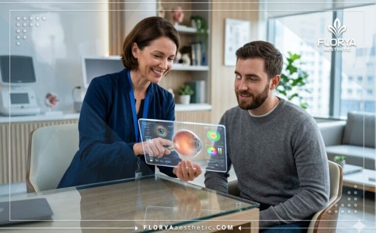 Professional doctor using a digital tablet at the Best prosthetic eye clinic.