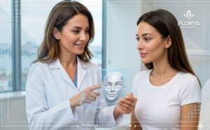 طبيب يشرح تقنية خيوط الأبتوس ثنائية الاتجاه في تركيا للمريض عبر شاشة رقمية