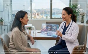 Specialist doctor reviewing Blepharoplasty Cost in Turkey details on a high-tech tablet with a patient