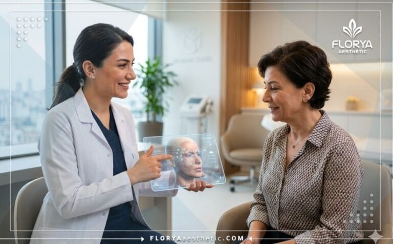 Professional doctor explaining the Blepharospasm Botox Treatment in Turkey using a transparent digital tablet