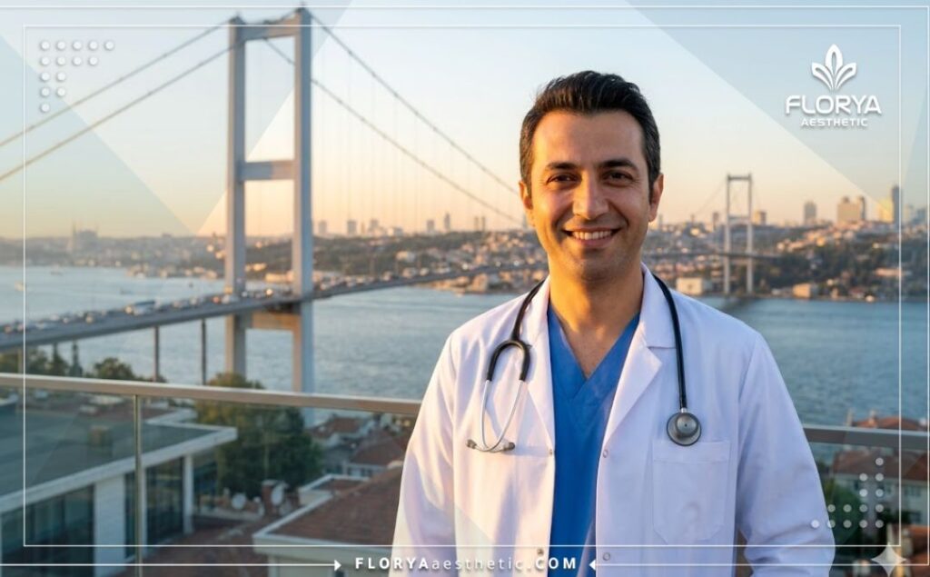 طبيب عيون يبتسم ويرحب بالمرضى في إسطنبول مع جسر البوسفور