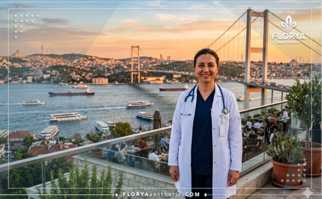 Welcoming eye specialist smiling in front of the Bosphorus in Istanbul
