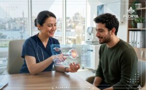 Doctor using high-tech transparent tablet with a patient while Booking immediate vision correction surgery in Turkey.