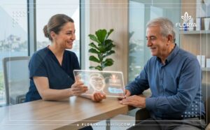 Professional dermatologist discussing the Carbon Laser Peel in Turkey with a patient using advanced tablet technology.