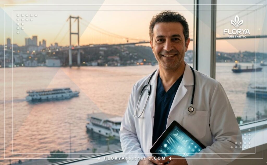 Welcoming aesthetic doctor standing in front of iconic Istanbul landmarks.