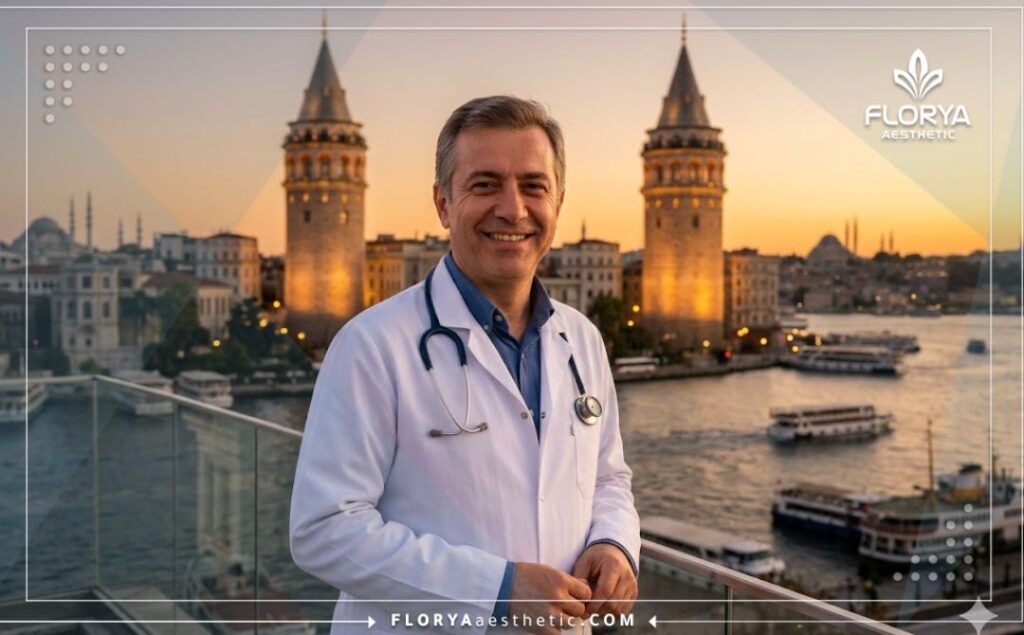 Smiling eye specialist standing in front of the Bosphorus Bridge