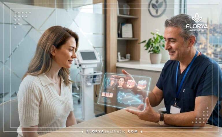 طبيب محترف يشرح خطة التقشير الكيميائي في تركيا للمريض عبر تقنية رقمية