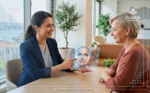 Professional doctor discussing a Cog Thread Lift in Turkey using a transparent digital tablet