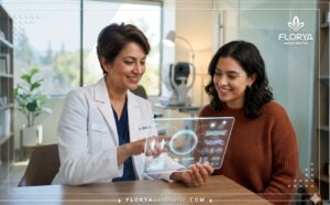 Professional doctor discussing the Corneal Cross-Linking Cost with a patient using a futuristic digital tablet.