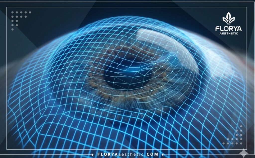 High-tech 3D macro surface scan highlighting the precise topography of a human cornea.