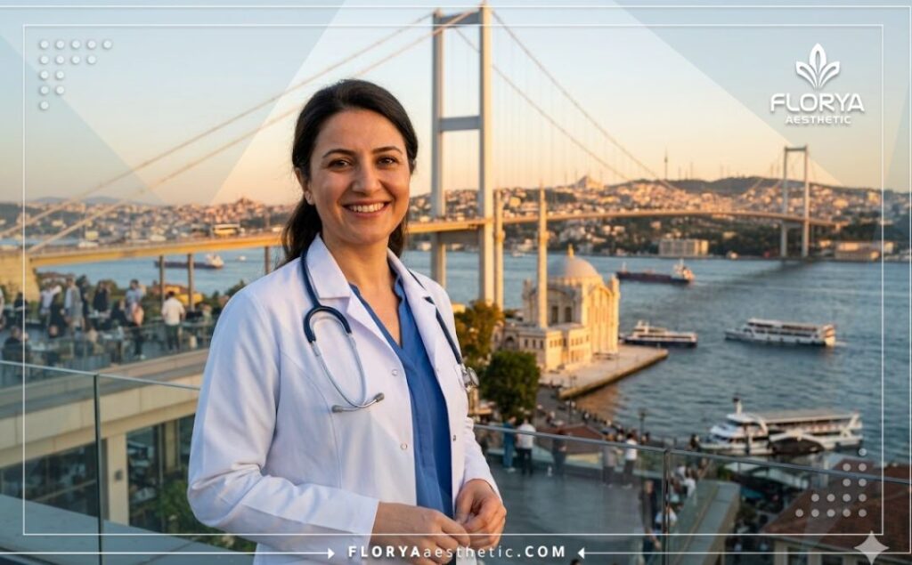 Friendly ophthalmologist welcoming patients with the Istanbul Bosphorus Bridge in the background.