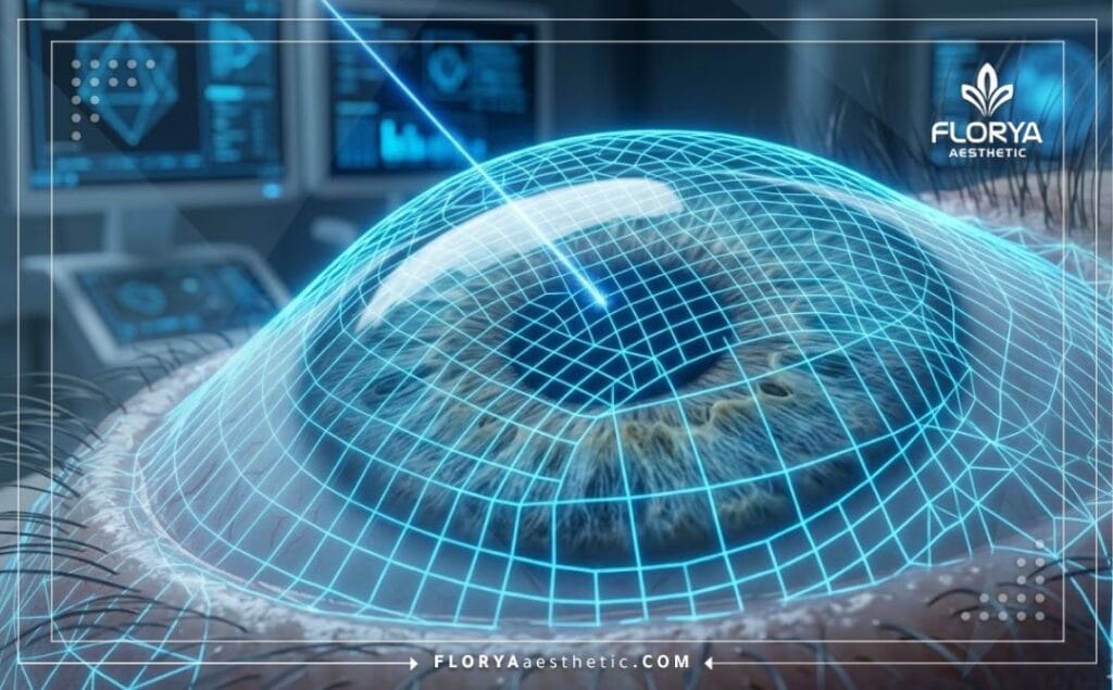 مسح رقمي ثلاثي الأبعاد لسطح القرنية يوضح الدقة العالية للعين.