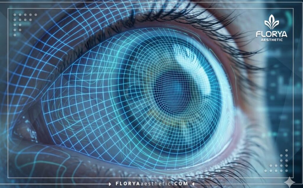 Futuristic 3D surface scan of a cornea demonstrating precision eye surgery technology.
