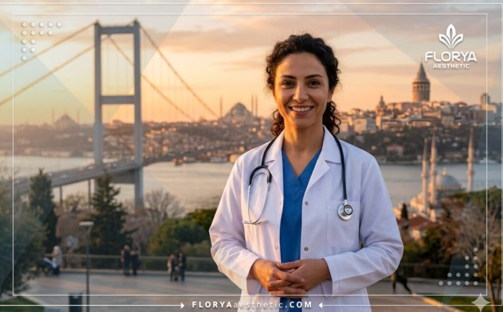 Friendly eye doctor standing in front of the Bosphorus Bridge welcoming patients to Istanbul.