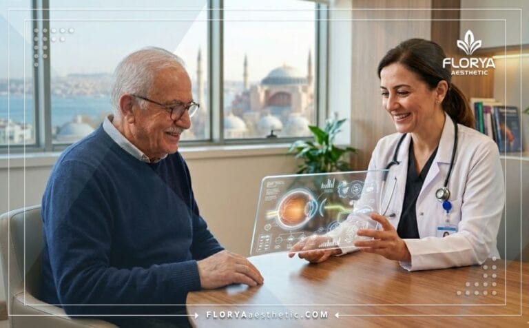 Professional doctor explaining a Corneal Transplant in Turkey using a transparent digital tablet