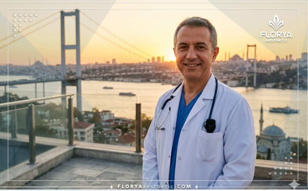 Приветливый врач-офтальмолог в Стамбуле на фоне моста через Босфор