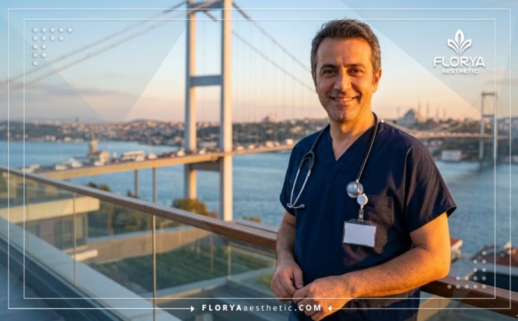 Médecin accueillant avec le pont du Bosphore à Istanbul en arrière-plan