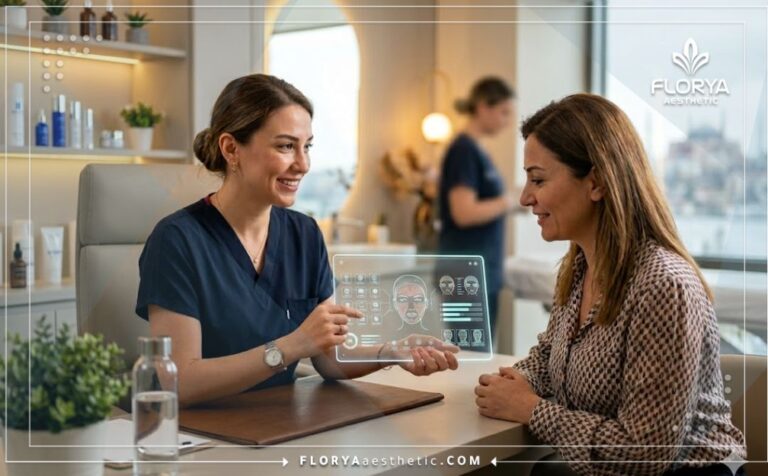 طبيب محترف يستخدم تقنية شفافة لشرح خطة الديرمابن في تركيا للمريض