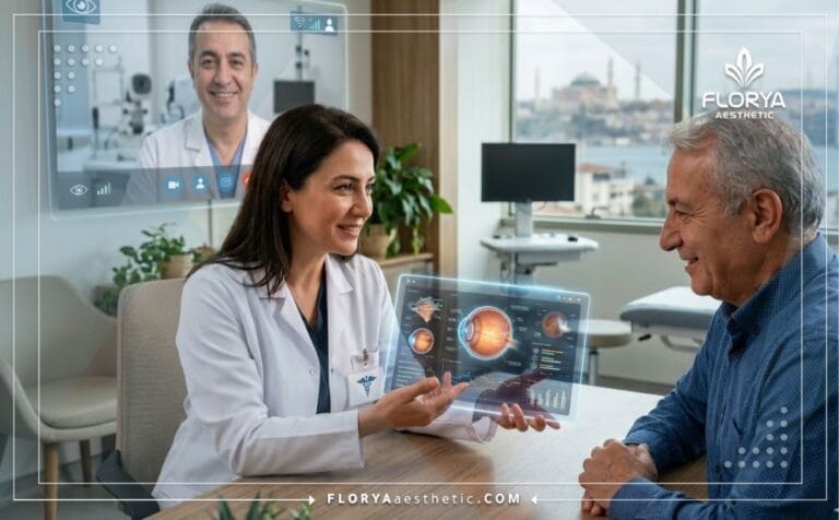 Un Spécialiste de la Rétinopathie Diabétique en Turquie expliquant le plan de traitement avec une tablette numérique.