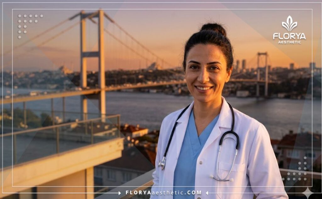 Médecin esthétique souriant devant le célèbre pont du Bosphore