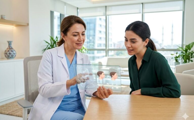 طبيب يشرح خطة حقن تذويب دهون اللغلوغ في تركيا للمريض عبر جهاز لوحي شفاف