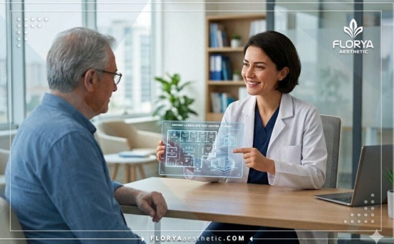 Médecin professionnel utilisant la technologie dans un Centre d'examen de la vue pour permis de conduire en Turquie.