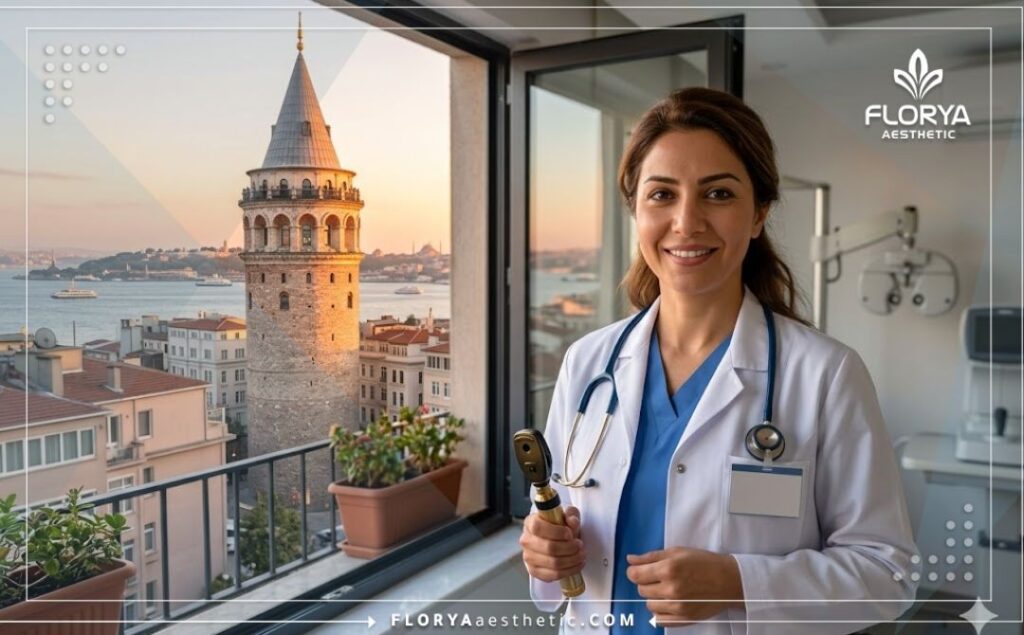 Приветливый офтальмолог на фоне Галатской башни в Стамбуле