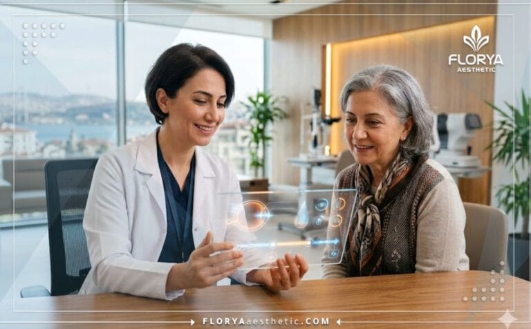 Professional doctor using a transparent digital tablet to explain Dry Eye Treatment in Turkey
