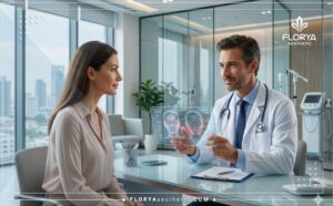 Médecin professionnel expliquant le plan d'Endolift en Turquie sur une tablette numérique futuriste.