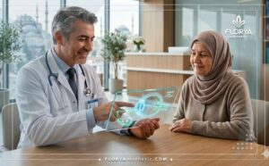 Professional doctor using advanced digital planning for Endoscopic Glaucoma Surgery in Turkey on a futuristic tablet.