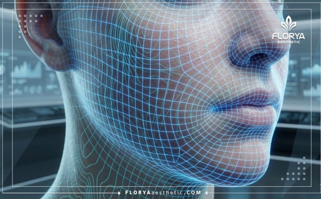 Macro 3D surface scan of facial anatomy with neon blue laser grid mapping.