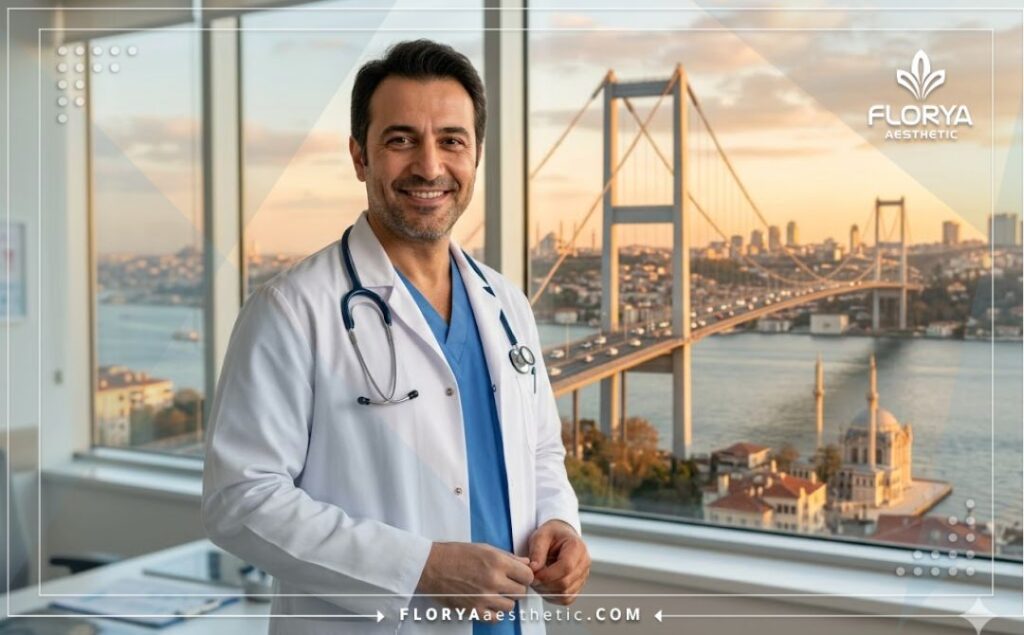 Friendly dermatologist standing in front of the Bosphorus Bridge in Istanbul.