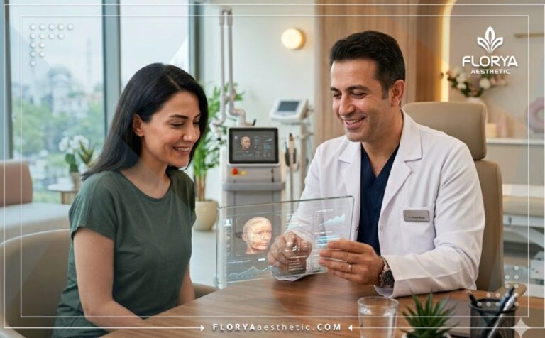 طبيب محترف يشرح خطة ليزر الإيربيوم ياج في تركيا للمريض عبر جهاز لوحي متطور