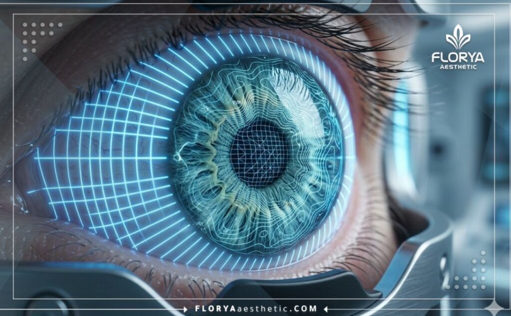 High-tech 3D macro surface scan of the human iris and eye structure.