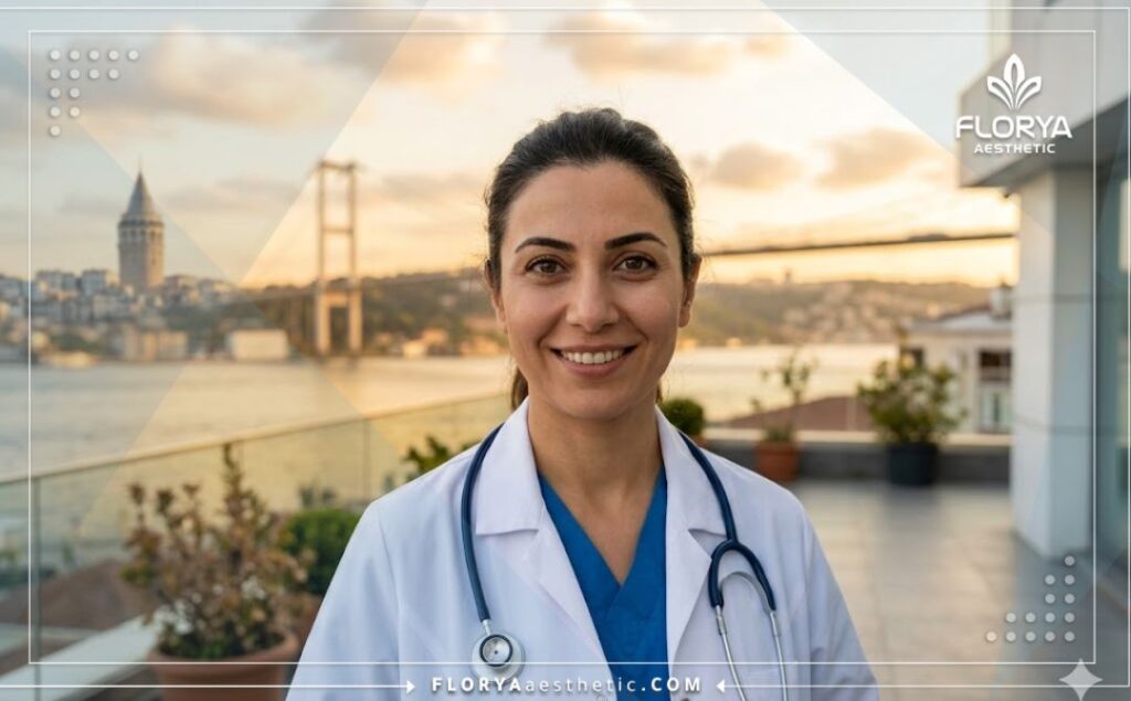 Friendly medical professional standing near the Bosphorus Bridge in Istanbul.