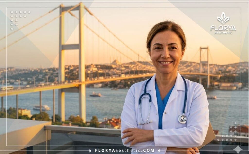 Friendly ophthalmologist smiling warmly with the Istanbul Bosphorus Bridge in the background