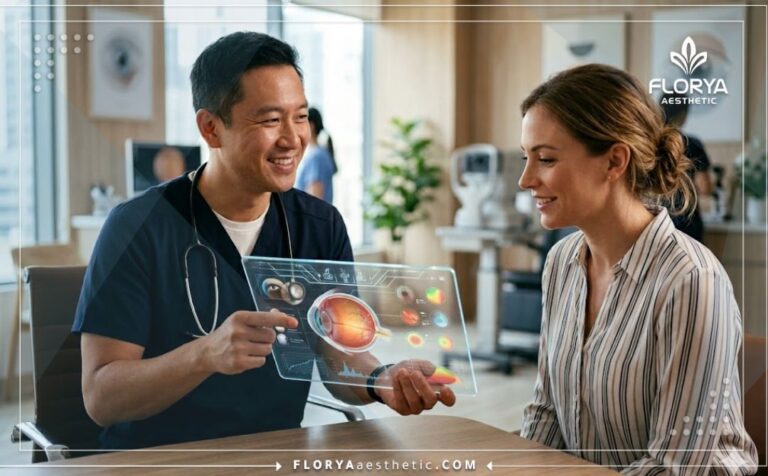 طبيب يشرح أضرار عملية تغيير لون العين للمريض باستخدام جهاز لوحي حديث