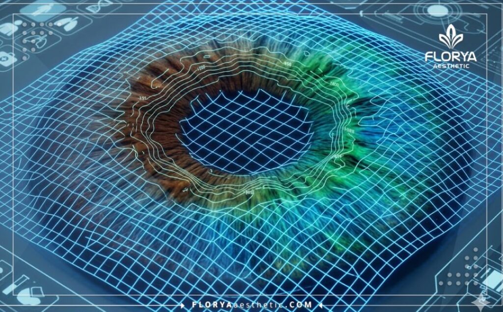 Futuristic 3D surface scan visualization focusing on the eye anatomy