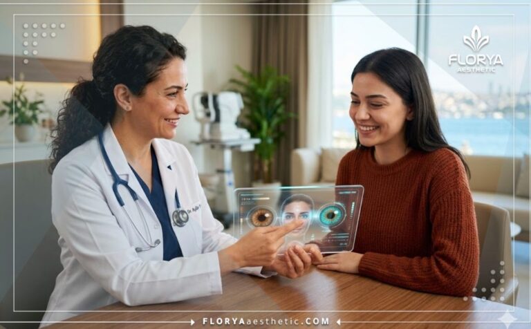 طبيب محترف يشرح خطة تغيير لون قزحية العين في تركيا باستخدام تقنيات رقمية حديثة.