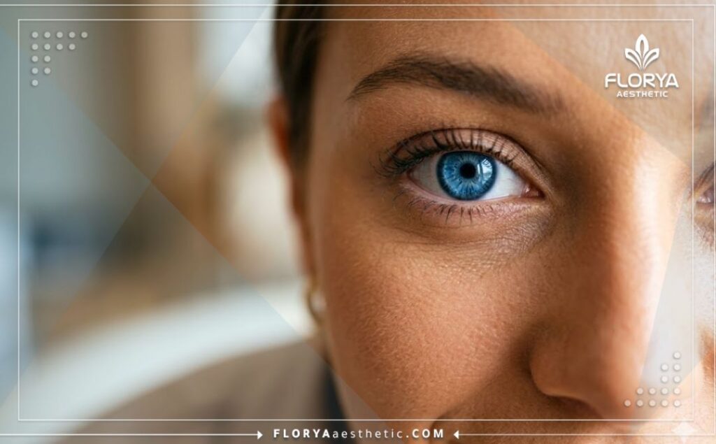 Cinematic close-up showing the perfect aesthetic result of an eye color change