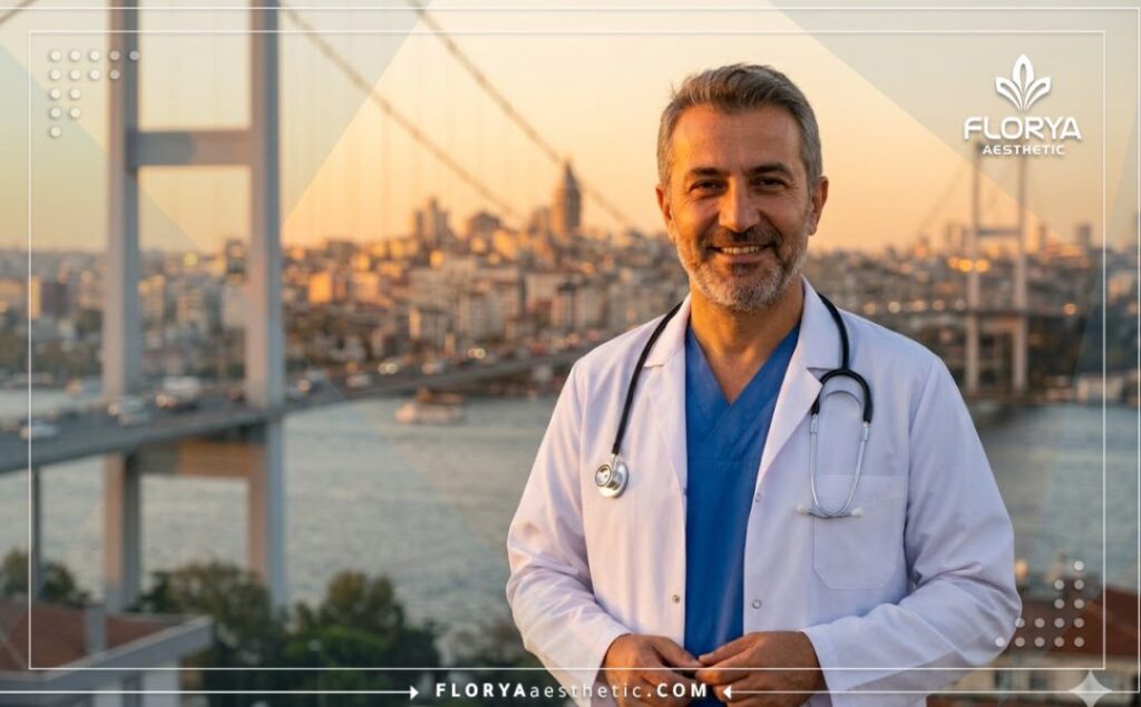 Friendly doctor welcoming patients with Istanbul Bosphorus background