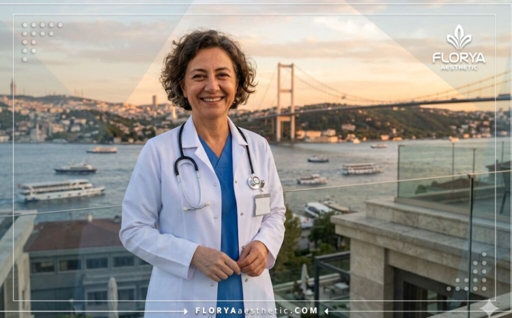 Friendly medical professional smiling near the Bosphorus Bridge in Istanbul