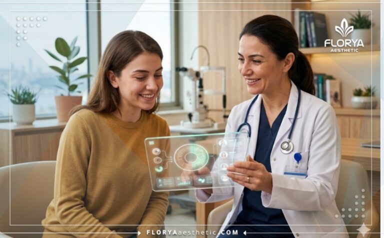 طبيب محترف يستخدم التكنولوجيا الرقمية لشرح تجربتي مع تغيير لون العين في تركيا للمريض.
