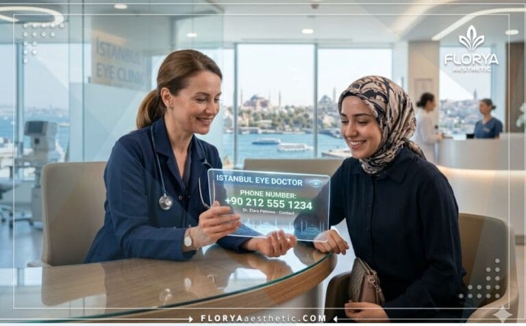 Professional doctor demonstrating modern tech to share an Eye Doctor Phone Number in Istanbul.